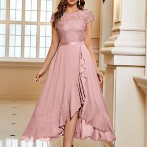 Dress With Ruffle Trim And Lace Splicing, Elegant Maxi Dress